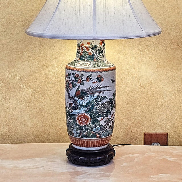 Vintage Chinese Famille Verte Style Porcelain Table Lamp With Hand Painted Birds & Peonies For Sale - Image 18 of 18