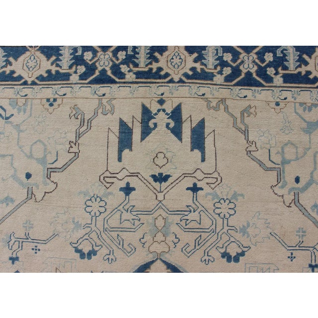 Blue Blue and Ivory Floral Vintage Turkish Oushak Rug With Blossoming Medallion For Sale - Image 8 of 12