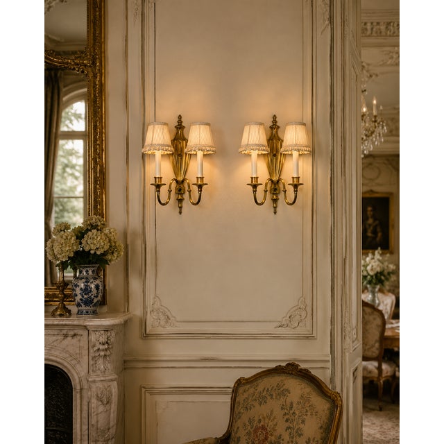 Vintage Pair of Brass & Copper Neoclassical Double-Arm Wall Sconces With Pleated Silk Shades For Sale - Image 18 of 18