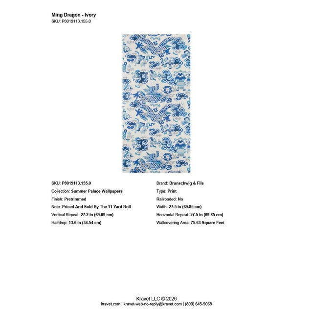 6 Rolls of Brunschwig & Fils Wallpaper-Ming Dragon #P8019113-155 Ivory Each roll =11 yards Collection: Summer Palace...