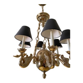 Vintage Solid Brass Swan Chandelier – 6‑Light – Empire Style – Excellent Condition For Sale