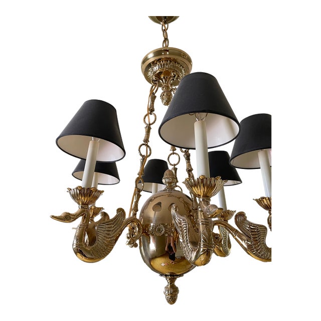 Vintage Solid Brass Swan Chandelier – 6‑Light – Empire Style – Excellent Condition For Sale