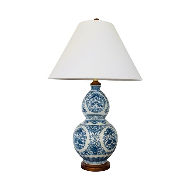 Chinoiserie Lauren Ralph Lauren Blue & White Chinoiserie Double-Gourd Porcelain Table Lamps – Koi Fish Motif, Pair For Sale - Image 3 of 9