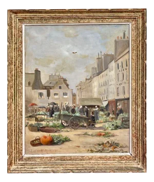 Paul-Marie Lapierre Renouard, Market Day at Place Terre-au-Duc in Quimper, Oil Painting