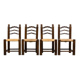 Antique French Provincial Oak Ladder Back Dining Chairs - Set of 4 For Sale
