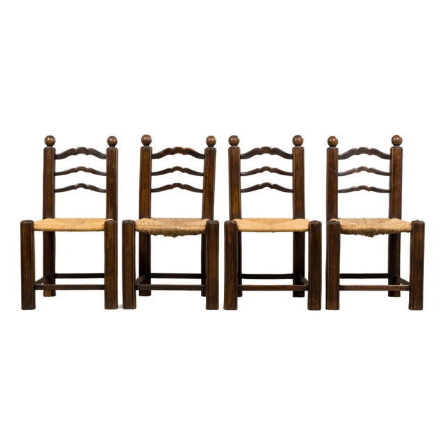 Antique French Provincial Oak Ladder Back Dining Chairs - Set of 4 For Sale