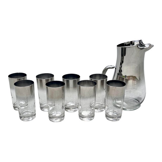 1960s Mid-Century Modern Dorothy Thorpe Silver Fade Pitcher & Highball Glasses - Set of 9 For Sale