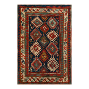 Stunning Black-Red Diamond in a Geometric Design Antique Caucasian Bordjalou Kazak Rug
