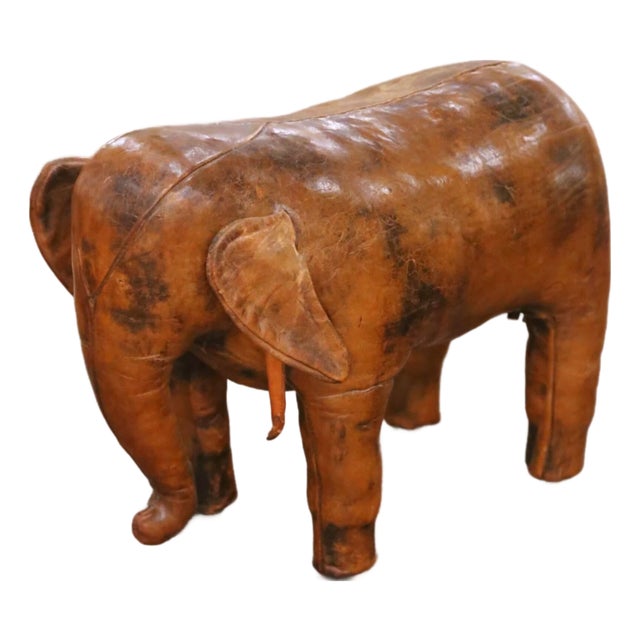 Vintage Spanish Patinated Brown Leather Elephant-Shape Footstool For Sale