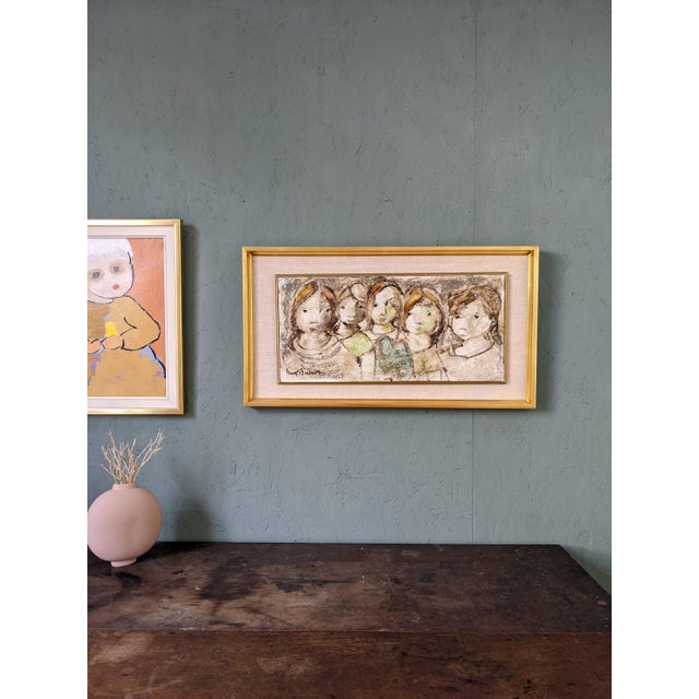 THE CHILDREN Size: 36.5 x 66 cm (including frame) Oil on board A richly textured and endearing mid century modernist style...