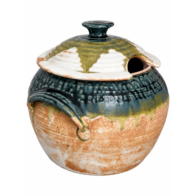 Early 21st Century Signed Studio Pottery Soup Tureen With Teal and Olive Glaze, Marked “01” For Sale - Image 5 of 13
