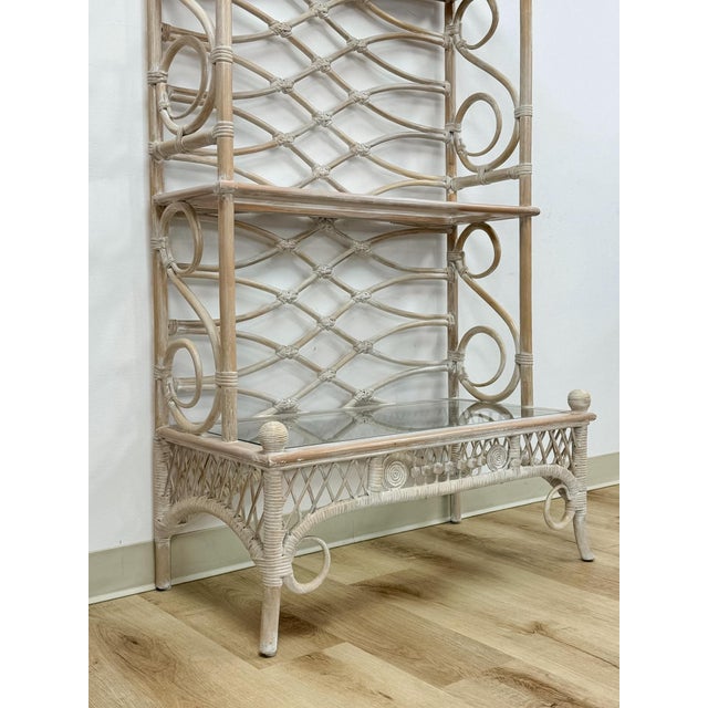 White Vintage Etagere Henry Link Rattan Whitewash Three-Tier Glass Shelves Coastal For Sale - Image 8 of 16