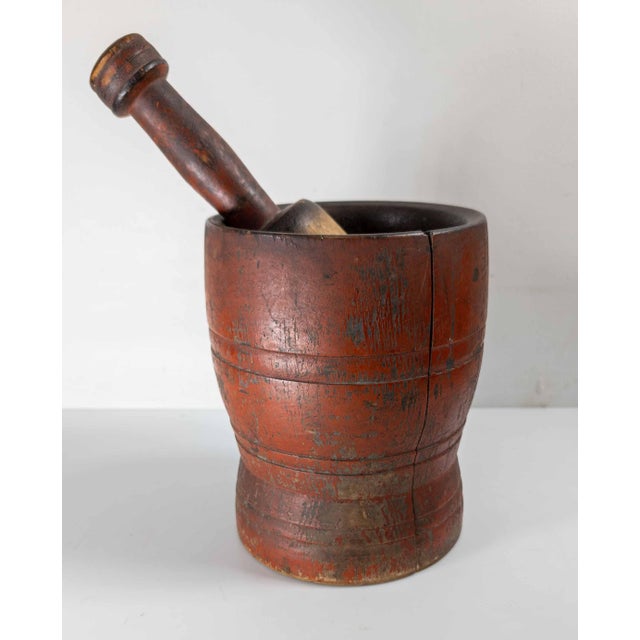 19th Century American Primitive Mortar and Pestle in Old Red Paint For Sale - Image 4 of 14
