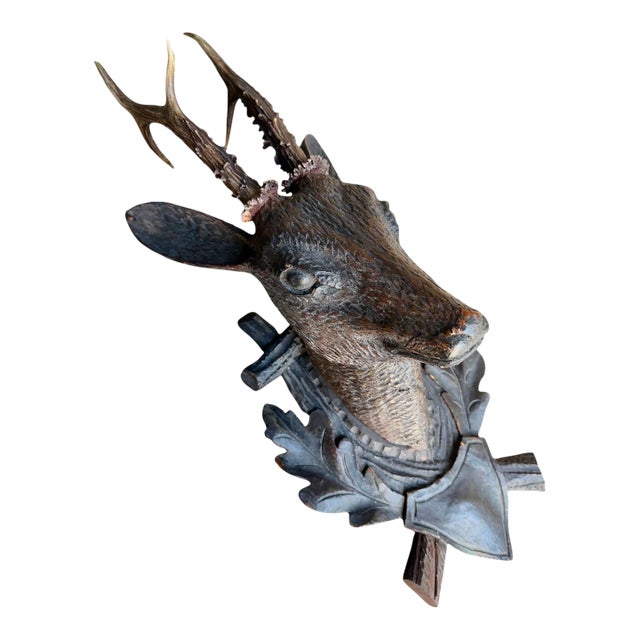 Black Forest Deer Head Wood Carving For Sale
