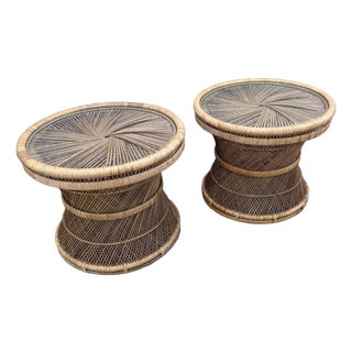 Boho Chic Buri Rattan Circular Inlaid Glass Top Side Tables - A Pair For Sale