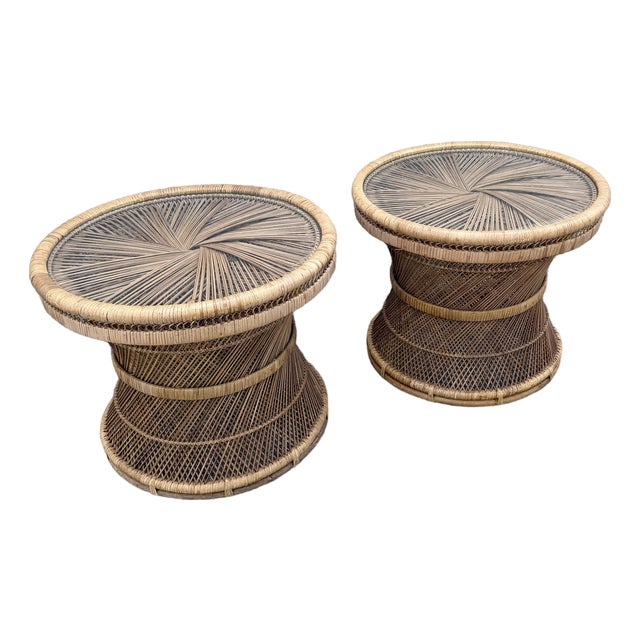 Boho Chic Buri Rattan Circular Inlaid Glass Top Side Tables - A Pair For Sale