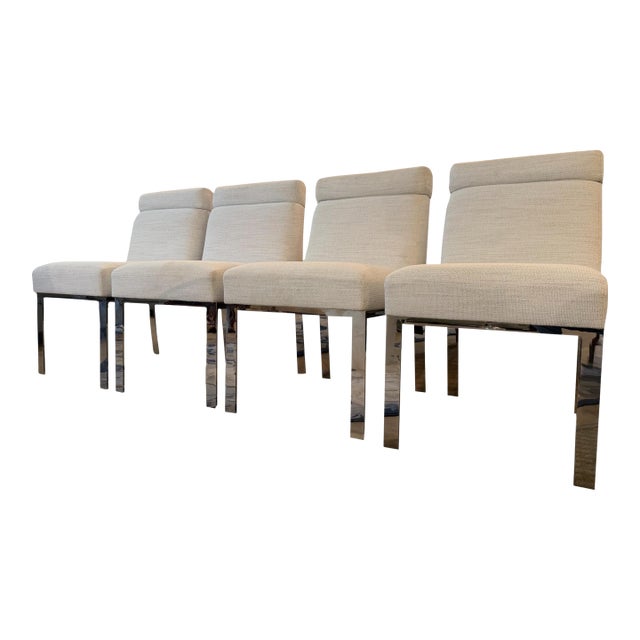 Bernhardt Chrome & White Bouclé Dining Chairs - Set of 4 (2023) For Sale