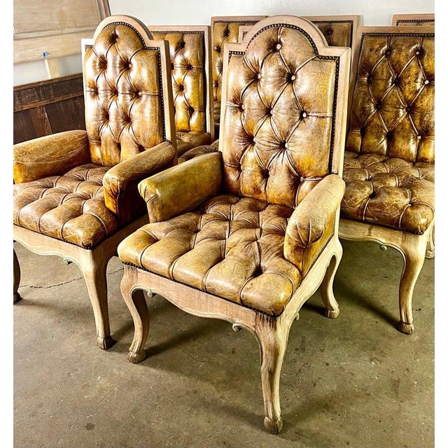 Set of Eight French Leather Tufted Dining Chairs C. 1940 For Sale - Image 12 of 12