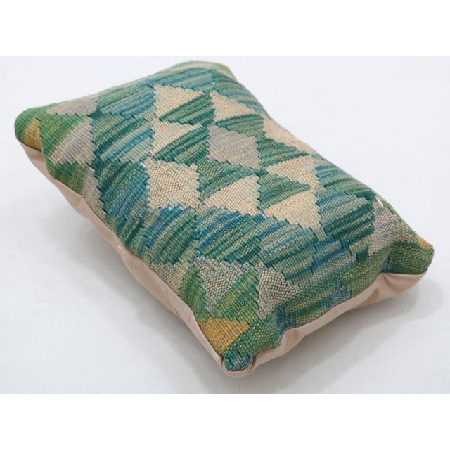 Tribal Arteverk Handwoven Afghan Kilim Lumbar Pillow — Green & Beige Diamond Lattice For Sale - Image 3 of 3