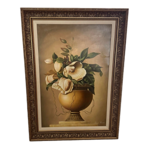 Late 20th Century Original Oil Painting of Neoclassical Floral Arrangement With Magnolia Blossoms, Framed