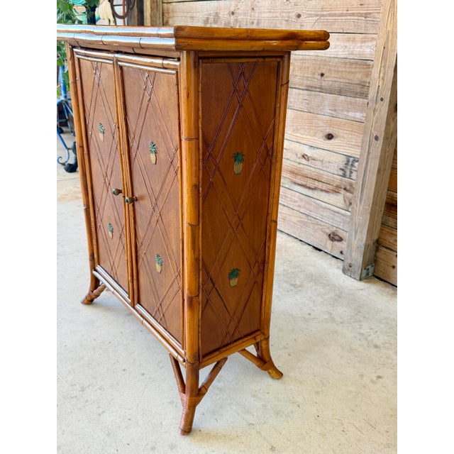 Ornamental & Decorative Materials Vintage Coastal Faux Bamboo Cabinet by Palecek With Pineapple Motif Doors For Sale - Image 7 of 12