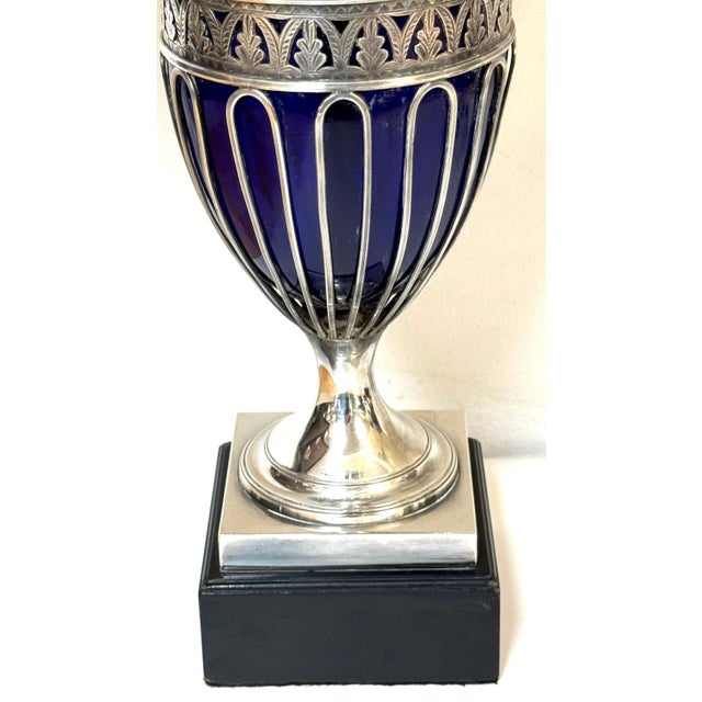 Pair Antique Sheffield Plate & Cobalt Glass Anthemion Motif Urns, Now as Lamps For Sale - Image 12 of 12