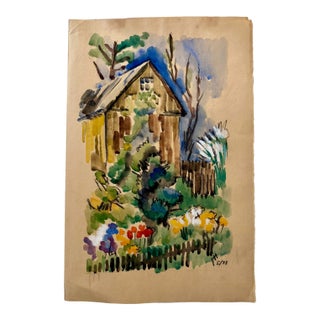 Henry Emil Salloch Original Watercolor on Paper Expressionist Rural Cottage, 1971. For Sale