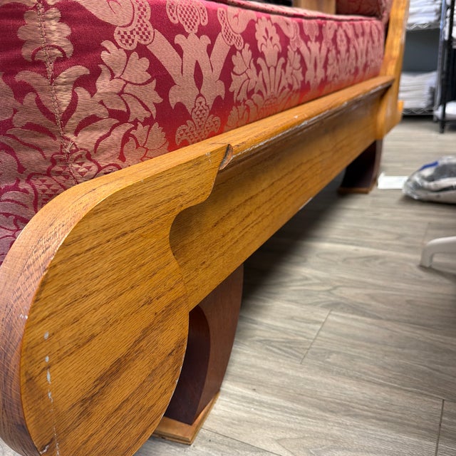 Mid-Century Sculpted Wood Bookshelf Chaise Lounge in Red & Gold Damask For Sale - Image 9 of 12