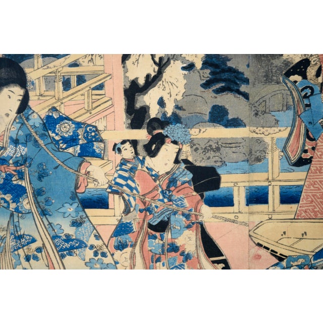 Mid 19th Century Elegant Amusements of Eastern Genji - Japanese Triptych Woodblock Print on Paper by Utagawa Kunisada (Toyokuni Iii) For Sale - Image 5 of 10
