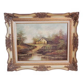 Vintage Woodland Lake Oil Painting on Canvas, Gold Frame, Signed, 1980s, Large For Sale