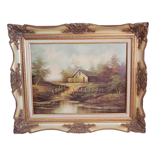 Vintage Woodland Lake Oil Painting on Canvas, Gold Frame, Signed, 1980s, Large For Sale