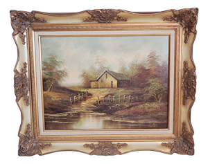 Vintage Woodland Lake Oil Painting on Canvas, Gold Frame, Signed, 1980s, Large