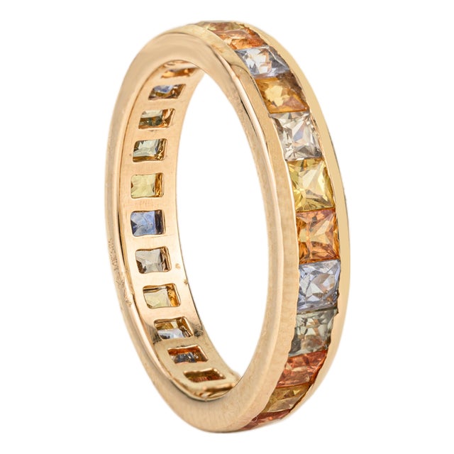 Pop Art Style Rainbow Multi Sapphire Eternity Band Ring in 14k Yellow Gold Size 5 For Sale