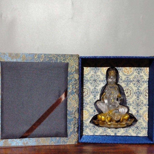 Vintage Liuli Crystal Lotus Guanyin Statue With Gilt Accents and Original Silk Box For Sale - Image 4 of 9