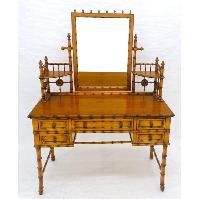 Fine Faux Burnt Bamboo Vanity Dressing 5 Drawers Table Tilting Mirror MINT