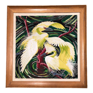 Restored Vintage 1949 Rattan Framed Crane Barkcloth Fabric Sample by Spectrum
