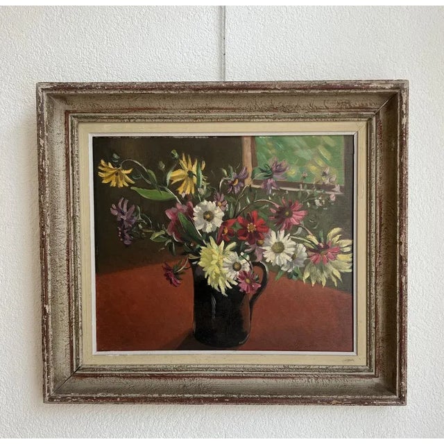 Alexis Louis Roche, Spring Bouquet in Carafe, Oil on Wood, 1950s, Framed For Sale - Image 11 of 11