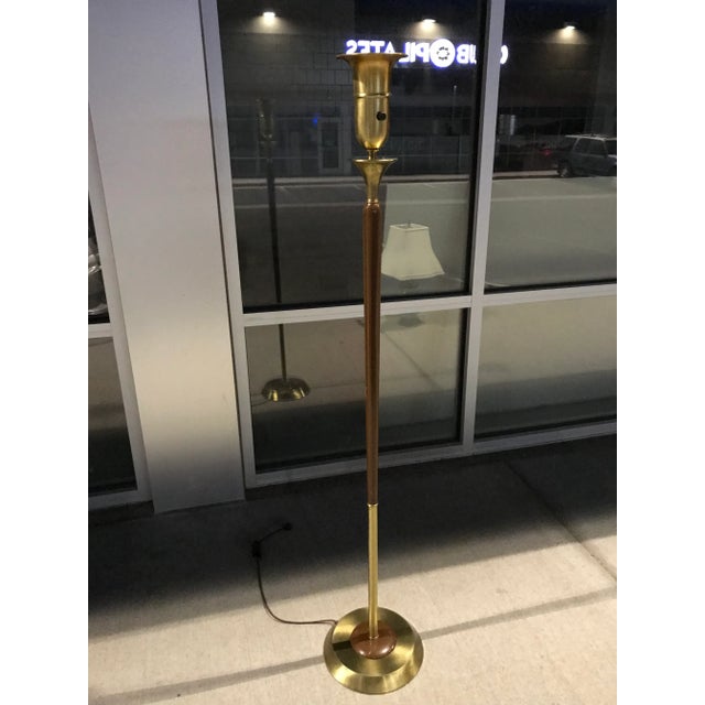 Danish Modern Walnut & Brass Torchiere Floor Lamp Manner of Gerald Thurston for Lightolier For Sale - Image 12 of 13