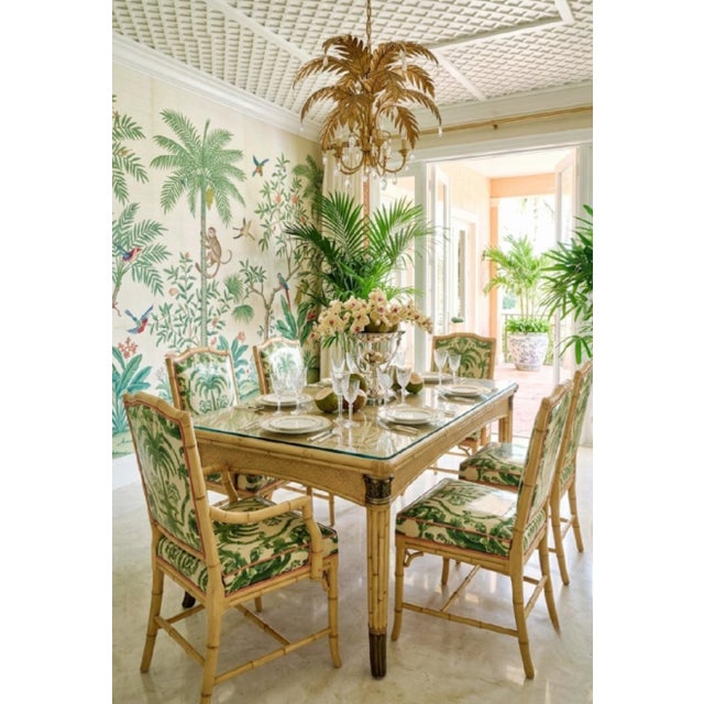 Traditional Vintage Coastal Regency Double Palm Tree Carved Wicker Bamboo Desk Dining Table For Sale - Image 3 of 9