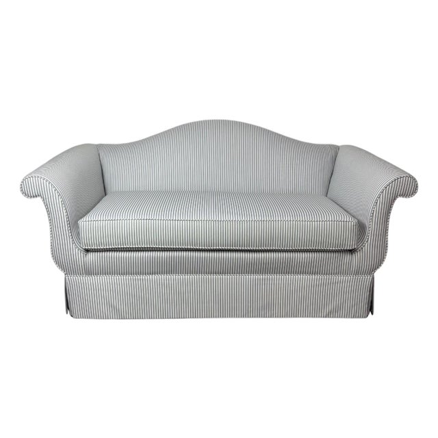 Traditional Camelback Sofa With Rolled Arms in Blue & White Ticking Stripe For Sale
