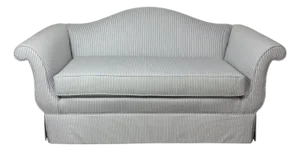 Traditional Camelback Sofa With Rolled Arms in Blue & White Ticking Stripe