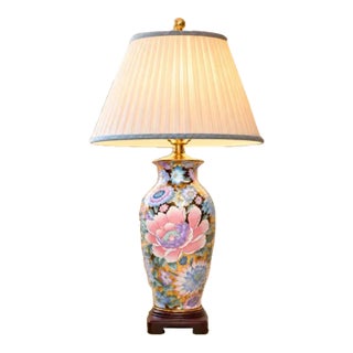 Vintage Chinoiserie Mille-Fleurs Gold Porcelain Table Lamp, Large 32” Statement Floral Lamp For Sale