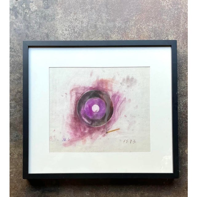This compelling pair of original abstract works on paper explores the hypnotic interplay of circular form and atmospheric...