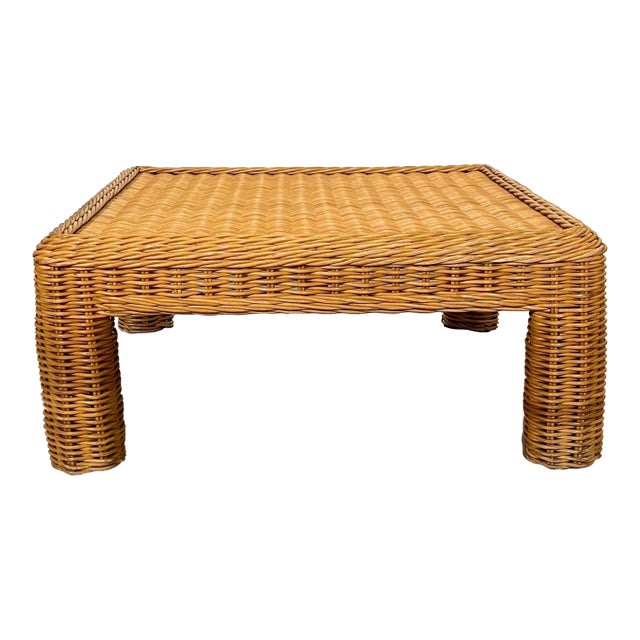 80's Palm Beach Regency Twisted Rattan Wicker Square Coffee Table For Sale