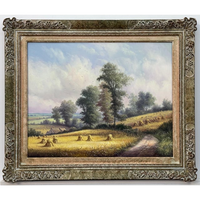 Vintage Painting of Harvest Time in the English Countryside by British Artist 1990 Circa For Sale - Image 14 of 17