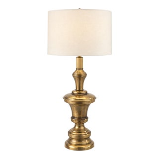 Vintage Solid Brass 3-Level Touch Table Lamp With Drum Shade, Circa 1980s For Sale