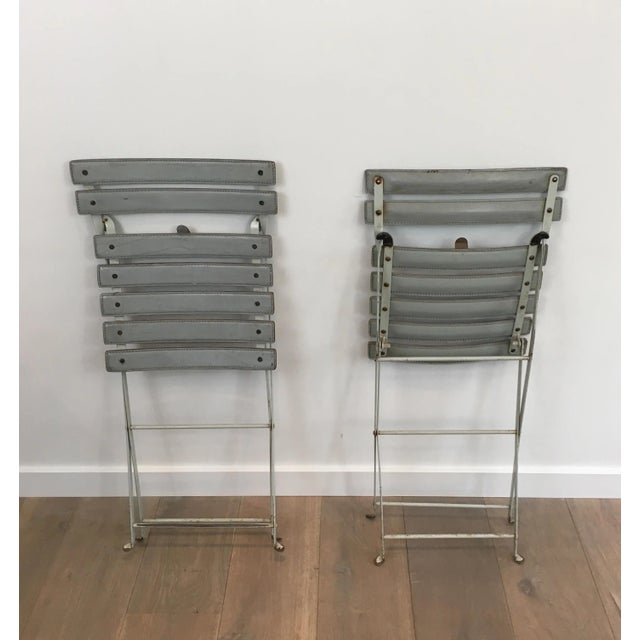 Zanotta, Grey Leather and White Lacquered Metal Folding Chairs, Italian - A Pair For Sale - Image 10 of 13