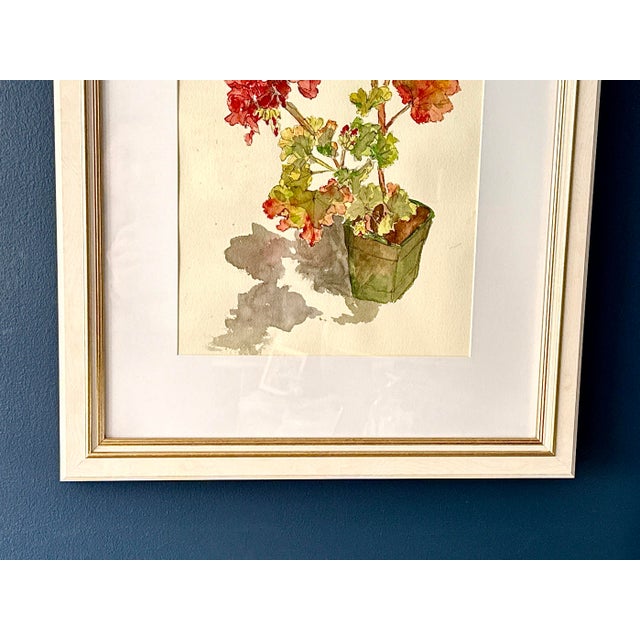 Paint Late 20th Century Original Watercolor - Potted Red Geranium Plant, Framed For Sale - Image 7 of 11