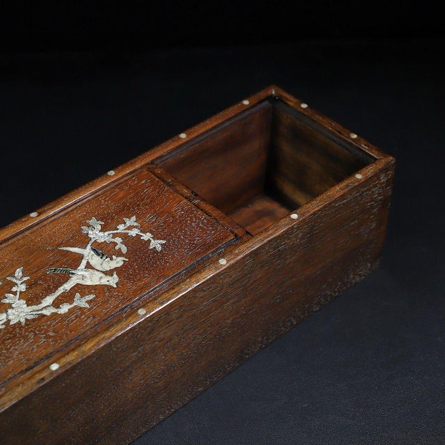 Late 20th Century Late 20th Century Wooden Sliding Lid Box With Mother-of-Pearl Bird and Floral Inlay For Sale - Image 5 of 10