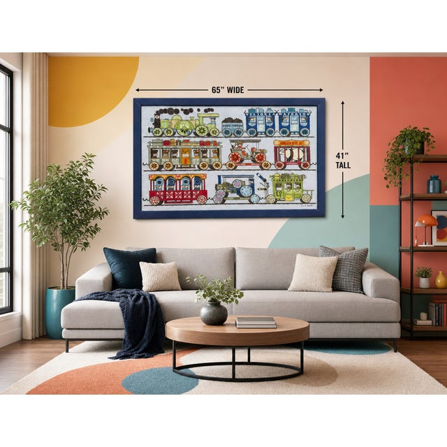 Rare Large Paul Smith "Trains" Needlepoint Wall Art — 65" Wide, Framed & Signed, Perfect for Nursery or Kids Room For Sale In Boston - Image 6 of 16